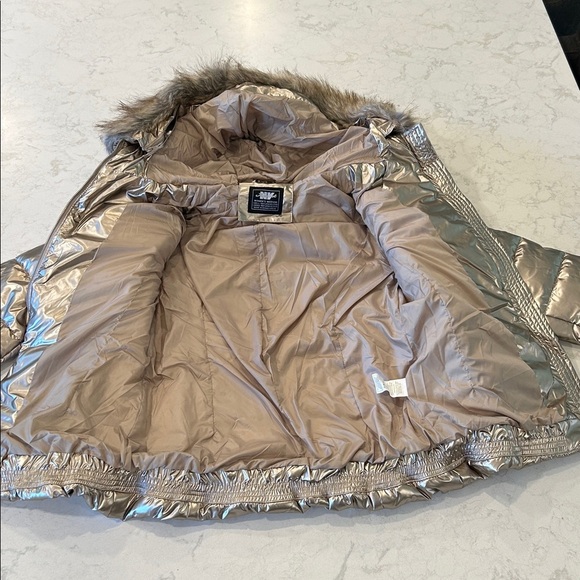 Puffer Jacket Winter Women Warm Quilted Bubble Fur Hood Coat Medium Gold Shimmer - Picture 10 of 16